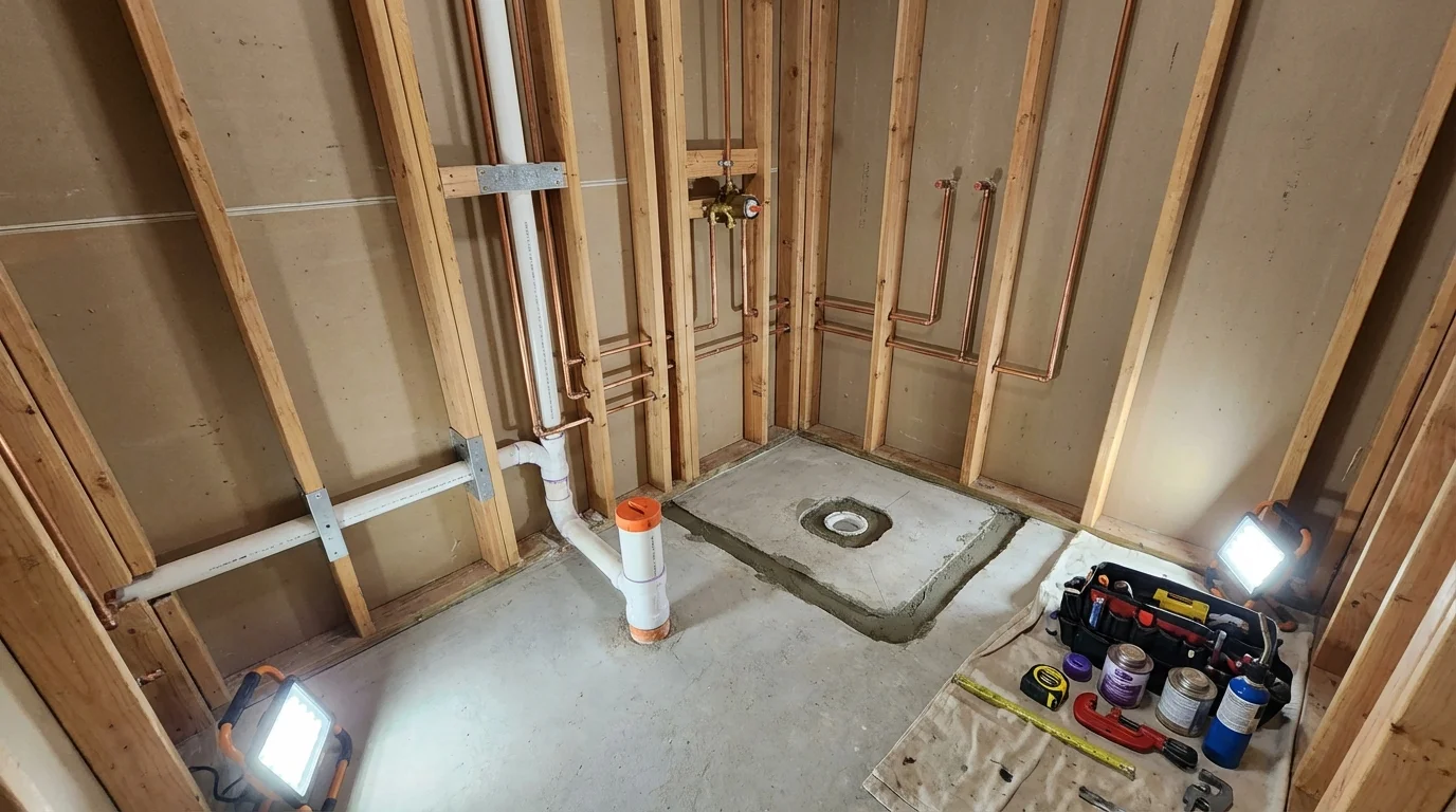 Bathroom rough-in plumbing during remodel by Johns Plumbing LLC in Glendora