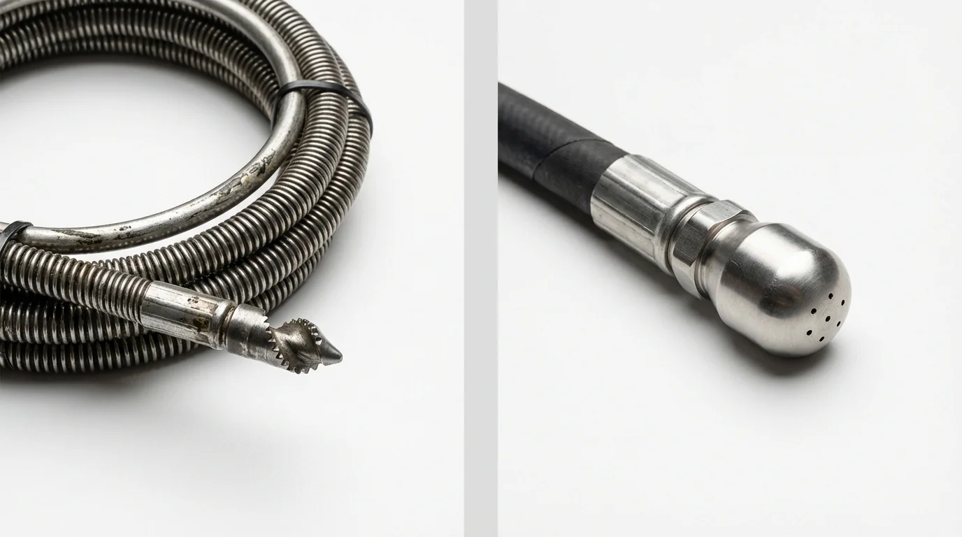 Drain snake cable and hydro jetting nozzle used for drain cleaning in Glendora, NJ