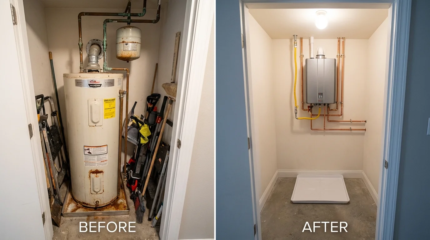Tank water heater versus wall-mounted tankless unit comparison for Glendora, NJ homeowners