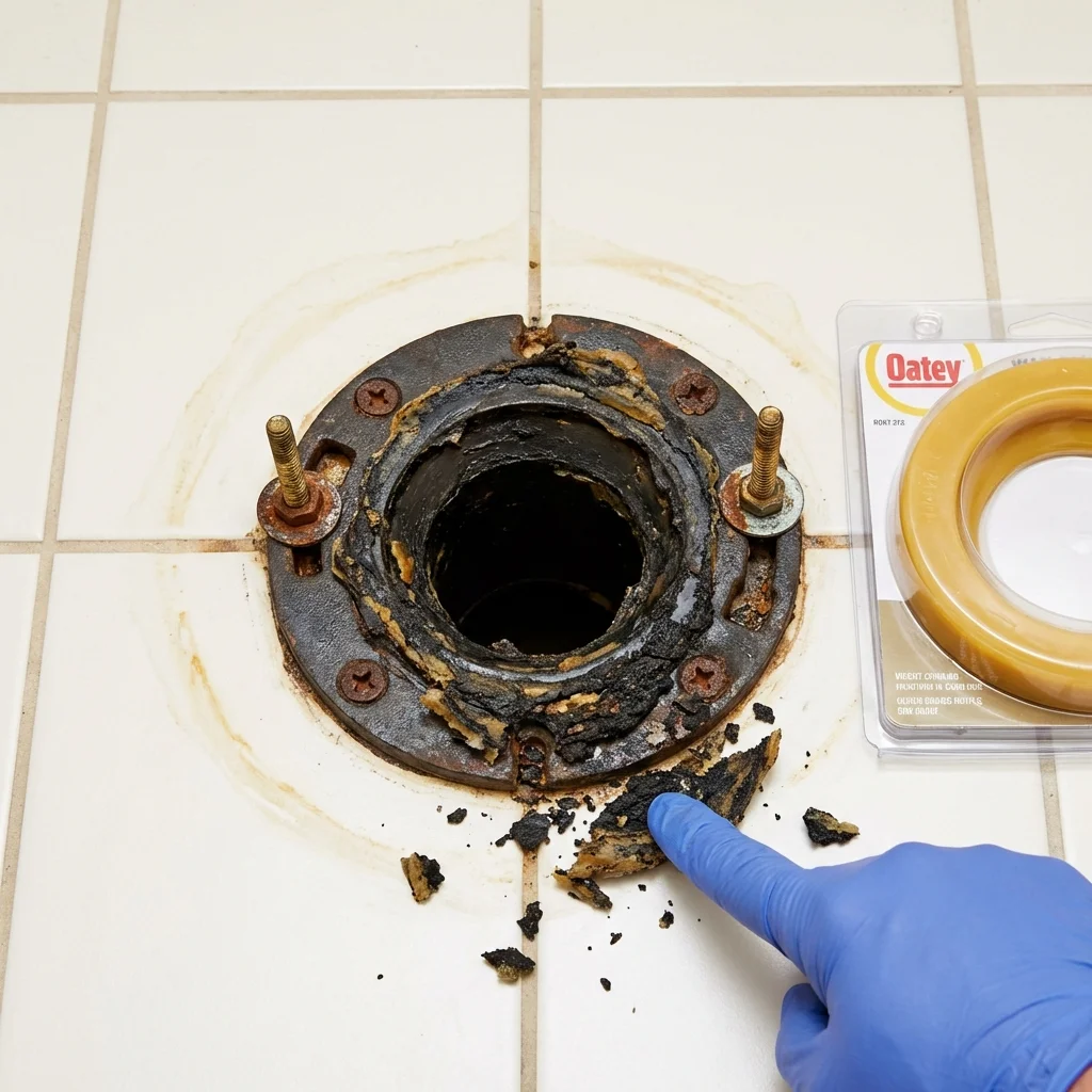 Failed wax ring showing water seepage at the base of a toilet in a Glendora, NJ home